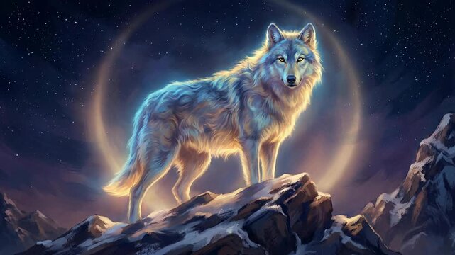 Majestic wolf standing on rocky terrain under glowing moonlight in a mystical night animation landscape with starry sky viewpoint