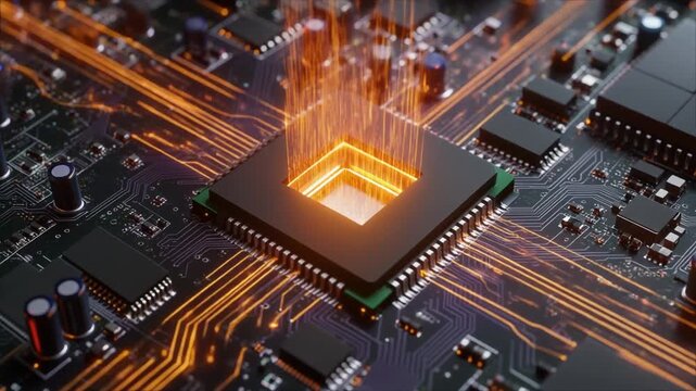 Tech Circuit: A close-up shot of a computer's central processing unit (CPU) illuminates the intricate world of technology, with circuits, processors and data transfer pathways. 