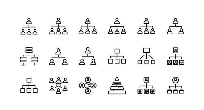 A collection of simple organizational chart icons in a minimal line art style