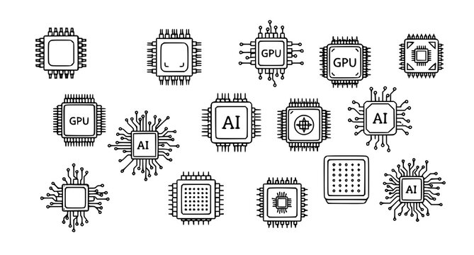 A collection of black and white vector graphics depicting various computer chip and microprocessor designs