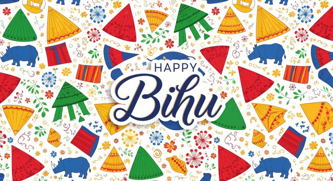 Festive vector art showcasing Happy Bihu greetings with assorted traditional Assamese cultural icons like jaapi hats and rhinoceroses, set against a bright white backdrop, in a flat lay