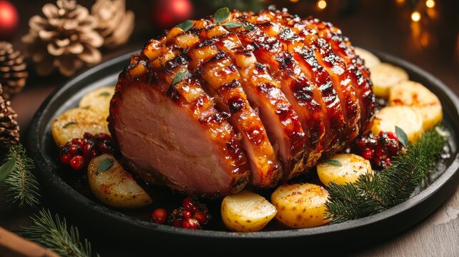 Glazed Ham with Roasted Potatoes   Cranberries   Christmas Dinner