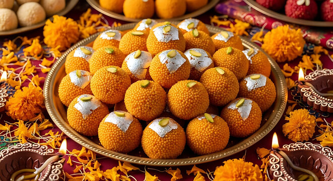 Laddu arranged on a decorative plate celebrates the festival of lights with marigold flowers and lamps.