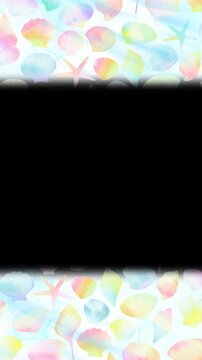 カラフルな貝殻やヒトデをちりばめた海の縦型フレーム。夏らしいさわやかな&alpha;付きループアニメーション。