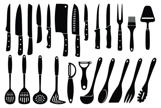 Professional kitchen utensils and chef knife silhouettes collection.
