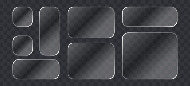 Set of glassmorphism frosted glass plates, transparent ui elements with rounded corners, realistic matte glass texture, vector design elements for web and app interface