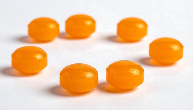 Seven orange, rounded candies arranged in a partial circle