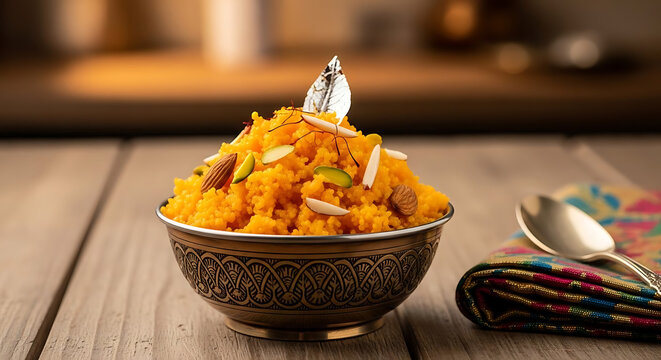 Zarda sweet rice dish garnished with nuts and silver leaf is presented elegantly in a decorative metal bowl.