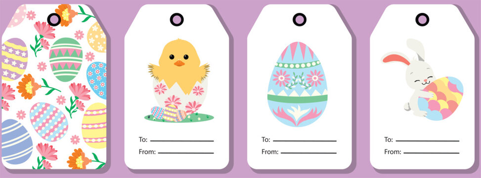 Easter gifts tags colorful decor eggs chick rabbit with eggs name tage collection vector