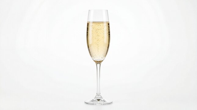 A tall crystal flute glass filled with sparkling golden champagne and rising carbonated bubbles
