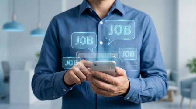 A professional man in a modern workspace browsing job listings on his smartphone, digital employment portal interface floating around him, glowing career opportunity alerts in speech bubble icons, fut