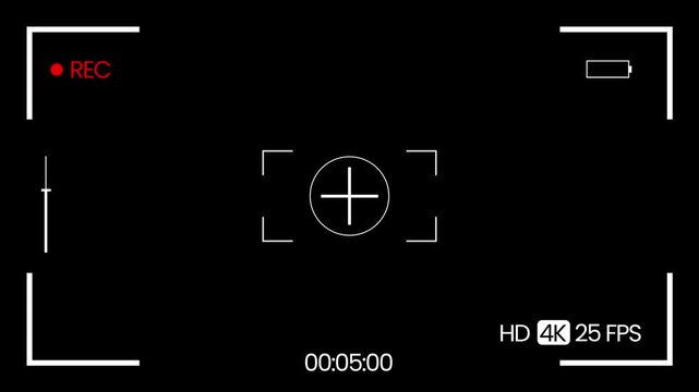 DSLR camera recording screen overlay 4K with viewfinder frame, blinking REC icon, camcorder interface, timer display and battery indicator on black screen alpha channel background