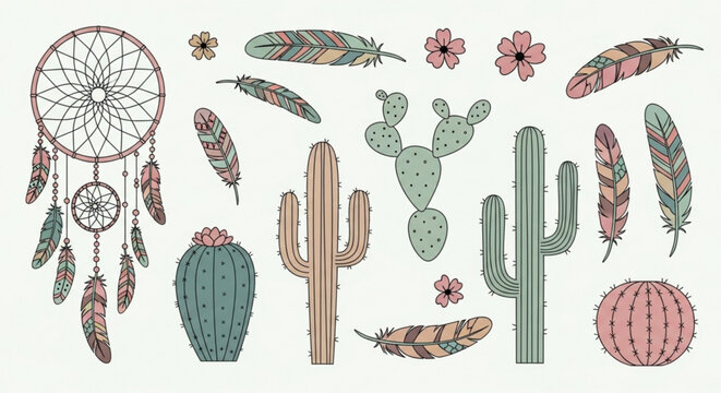 Vibrant desert dreamcatcher with cacti feathers and flowers on white background bohemian decor