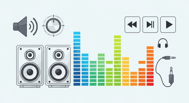 Sound wave equalizer with speaker headphones and audio control icons on a light blue background