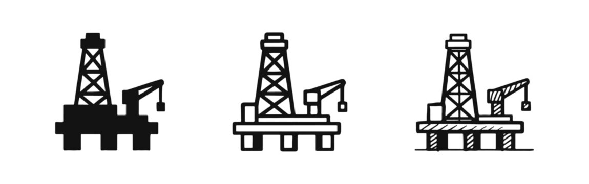 Offshore Oil Rig Platform Icon Set - Energy Production and Drilling Industry Symbol