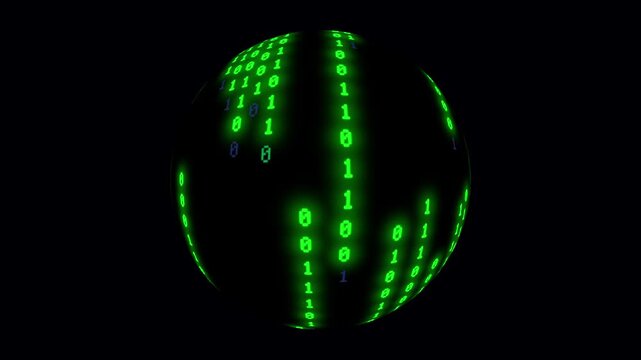 Binary code falling down inside a sphere shape animation