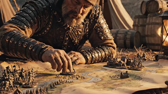 Medieval Commander in Armor Planning Battle Strategy on Ancient Map with Miniature Figurines in Camp