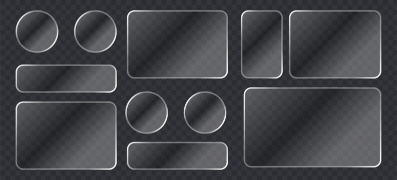 Set of glassmorphism style buttons and frames, frosted glass ui elements with soft shadows and rounded corners, transparent vector design collection