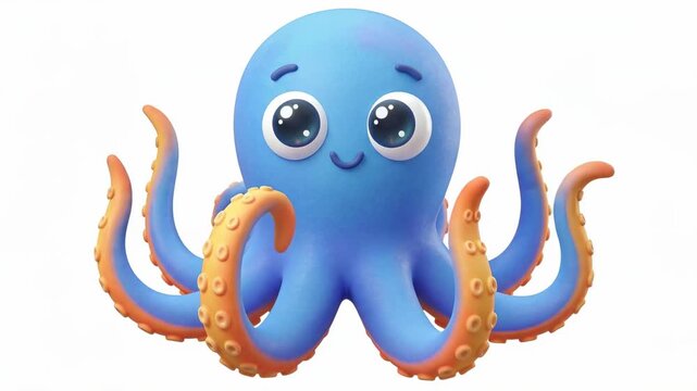 Cute blue octopus animation character with big eyes and smiling face underwater, colorful cartoon style in digital illustration, front view design