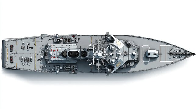 Naval destroyer top view vector illustration of a warship