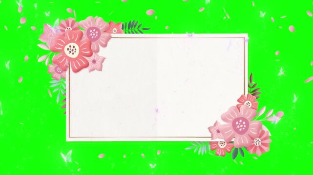 Vibrant green background with pink flowers and white rectangle frame for text or message, floral design element with petals