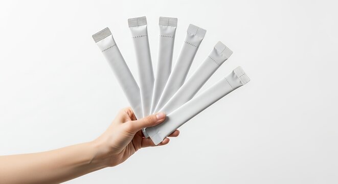 Hand holding multiple white stick sachets on a clean background.