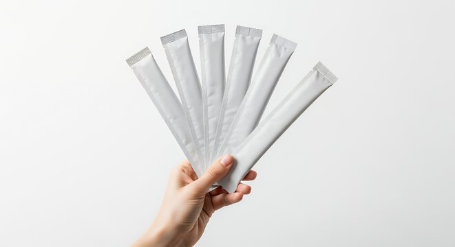 Hand holding multiple white stick sachets on a clean white background.