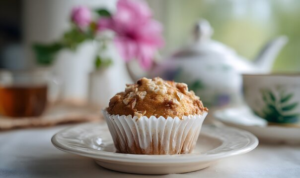 apple strudel muffin in white paper liner on a plate on a table