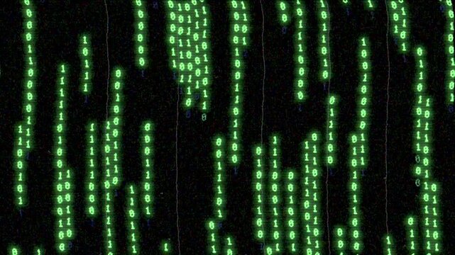 Green glowing binary code falling down on screen with light distortions and glitch effect