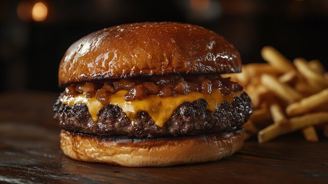 Juicy Cheeseburger with Caramelized Onions and French Fries