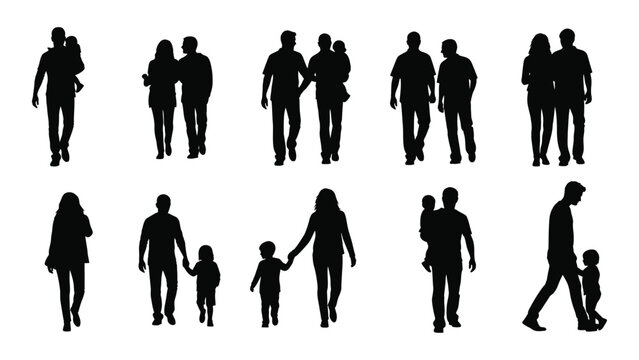A collection of black silhouettes depicts diverse groups and individuals walking suggesting family connections and human interaction high quality professional detailed