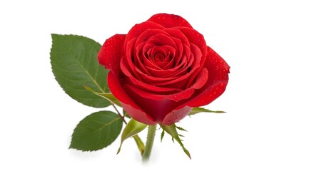Naklejka premium Vibrant red rose with green leaves on white background flower