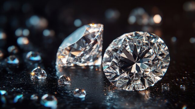 Gleaming facets, A close-up of exquisitely cut diamonds on dark surface