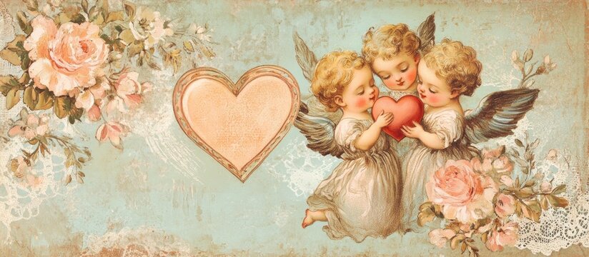 Three cherubic angels with a heart surrounded by roses and lace on a vintage background.