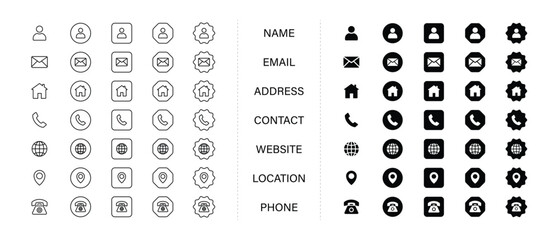 A collection of black ui ux icons, user interface icon set collection. vector illustration concept with icon of Name, Email, Address, Contact, Website, Location, Phone. © Tahera