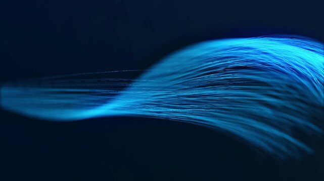Glowing blue fiber optic cables in a wavy pattern on a dark background with a futuristic feel and technology theme