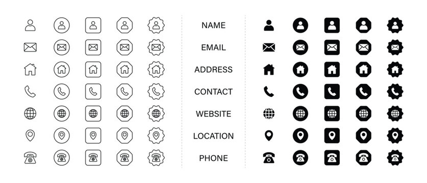 A collection of black ui ux icons, user interface icon set collection. vector illustration concept with icon of Name, Email, Address, Contact, Website, Location, Phone.