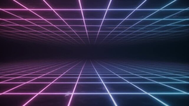 Neon Grid in Perspective: A mesmerizing neon grid, bathed in shades of blue and purple, creates an optical illusion of depth and dimension.