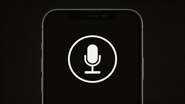 Smartphone displaying a microphone icon on a black screen representing voice recording podcasting or digital communication technology with a minimalist and modern design