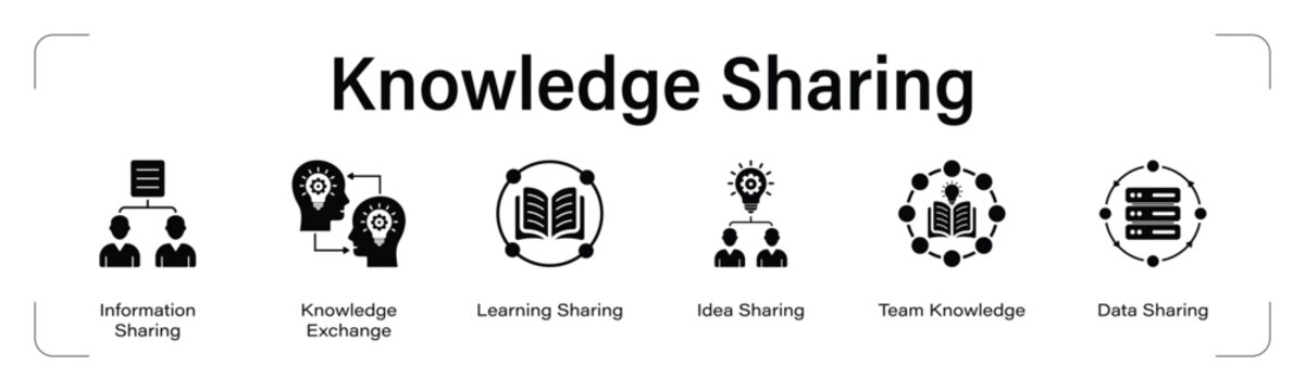 Knowledge Sharing web banner black icon set. vector illustration concept with icon of Information Sharing, Knowledge Exchange, Learning Sharing, Idea Sharing, Team Knowledge, Data Sharing.