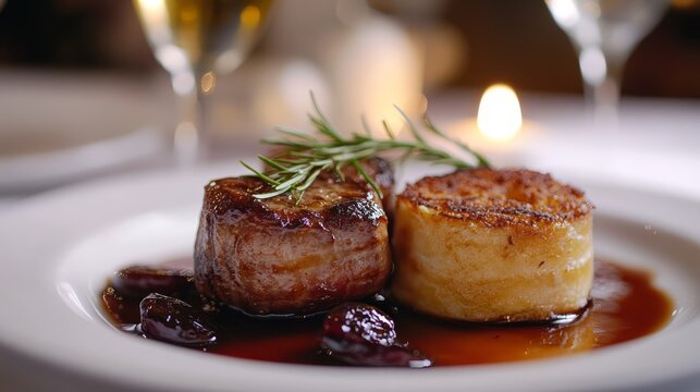 Gourmet Dinner  Roasted Meat  Potato Gratin  Red Wine Sauce