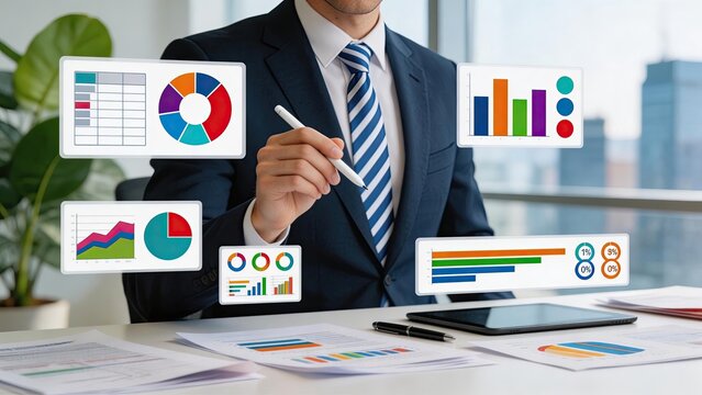 Businessman Analyzing Financial Data With Holographic Charts Business Intelligence Data Analytics Corporate Strategy Market Research Investment Planning Economic Growth