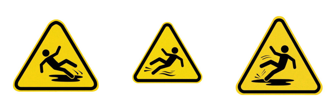 Slippery floor caution icon, Wet floor sign, Attention sol glissant, Suelo resbaladizo, Falling man hazard, Safety warning.