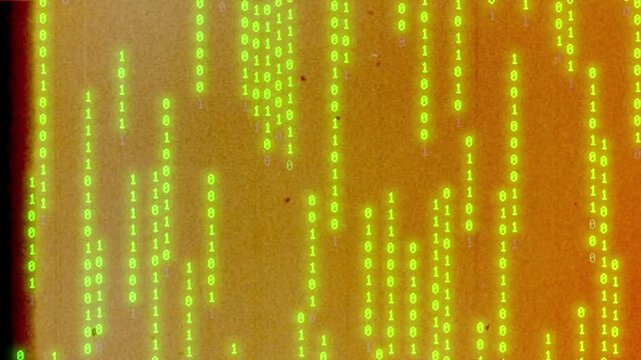 Green glowing binary code falling down with retro style fim grain and texture effects