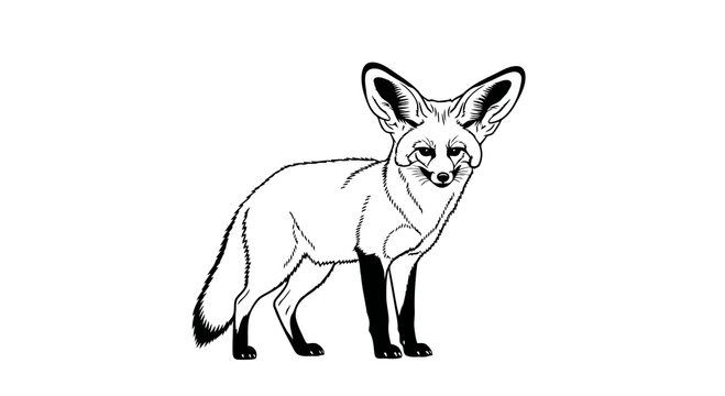 A simple black and white line drawing of a fox standing on all fours.
