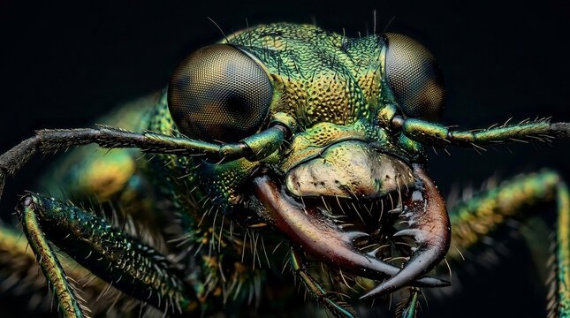 Extreme Close-up Macro Portrait of a Metallic Green Tiger Beetle.