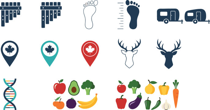 Nature and Travel Icon Set Featuring Pan Flute Footprint Camper Map Pins Deer Heads DNA Fruits Vegetables and Healthy Lifestyle Symbols