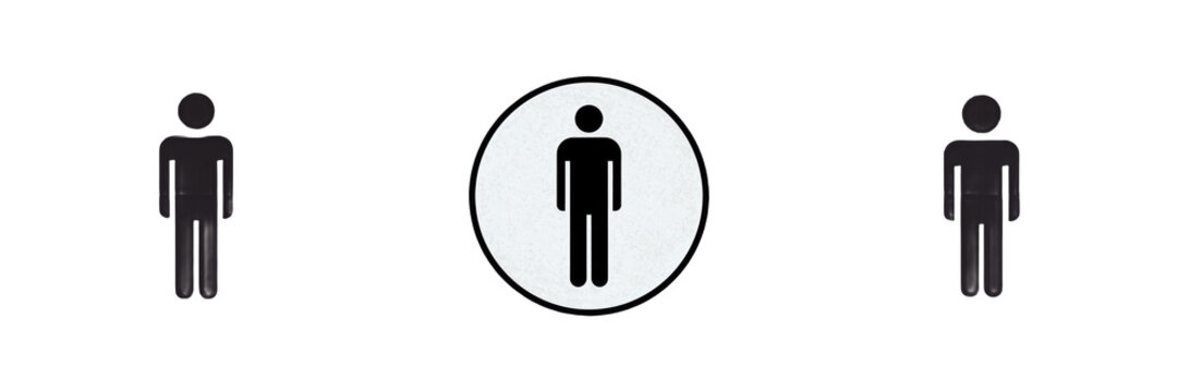 Restroom male icon, Men's bathroom, Toilettes hommes, Ba&ntilde;o de hombres, Gents toilet, Public facility signage.