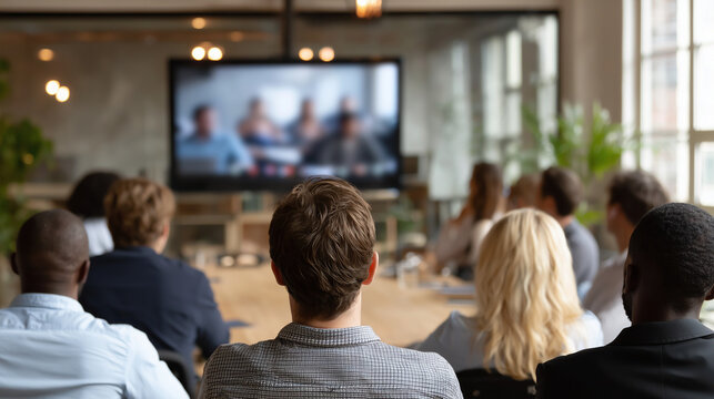 Diverse multiracial corporate team attending a global virtual town hall meeting. Over the shoulder view of audience looking at blurred video conference screen in modern office.