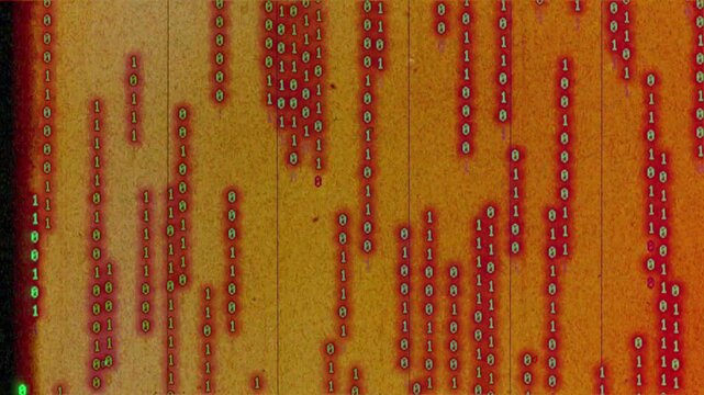 Green glowing binary code falling down with retro style fim grain and texture effects